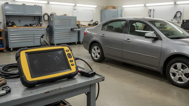 Diagnostic scanner beside a parked vehicle during a check for a P1443 trouble code