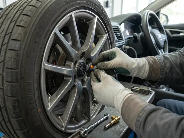 Technician installing a new TPMS sensor inside an alloy wheel with torque tool nearby