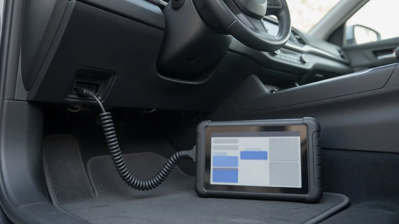 Scan tool connected to a car's OBD-II port showing a list of network communication trouble codes