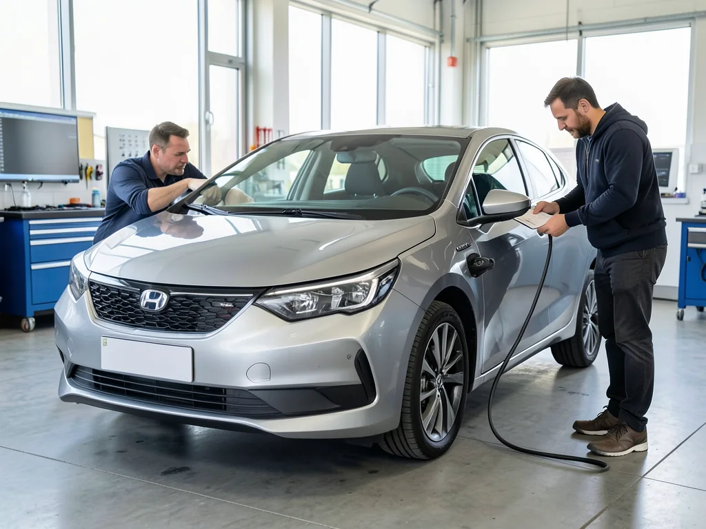 Hybrid car in a service bay with a technician checking tire tread and an owner reviewing the maintenance log