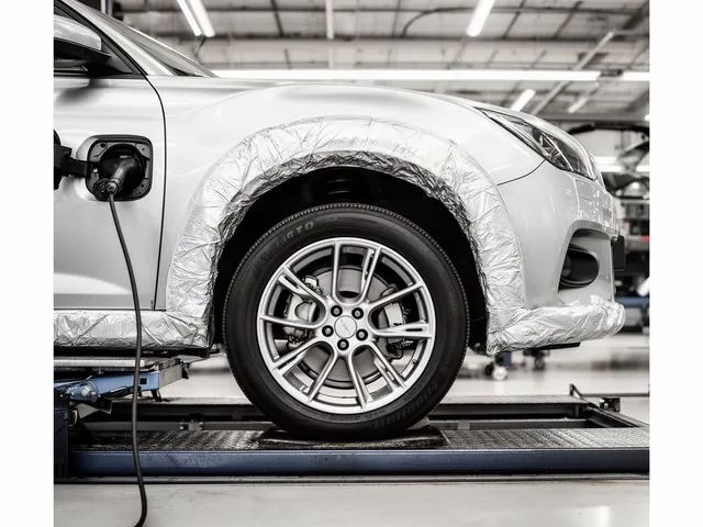 Car wheel well and underbody with protective coating visible on clean metal surfaces