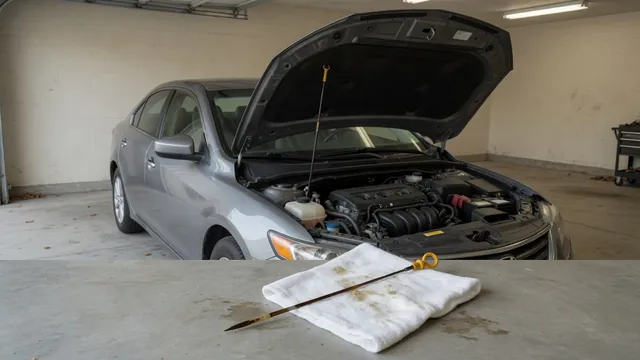 Stationary car with its engine off and an oil dipstick beside a clean cloth