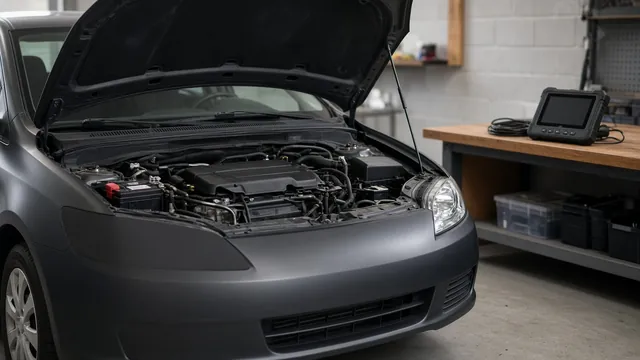 Car with its hood open, showing the battery and a diagnostic scanner nearby