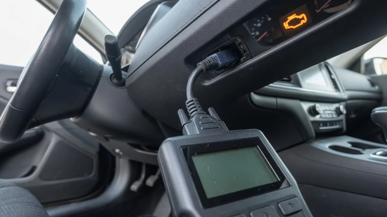 OBD-II scan tool plugged into a car's diagnostic port, with the check engine light on in the background