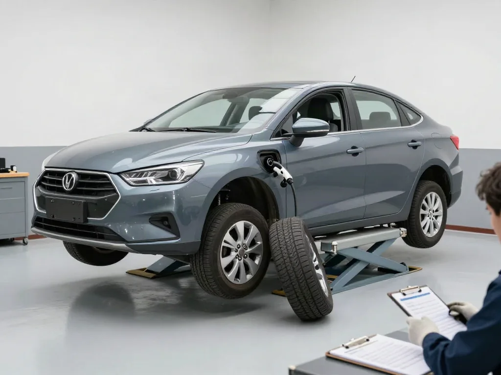 Technician measuring tread depth on a removed tire beside a car raised on a lift during a tire rotation service