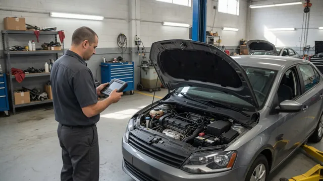 Technician reviewing diagnostic scan data beside a parked vehicle with its hood open