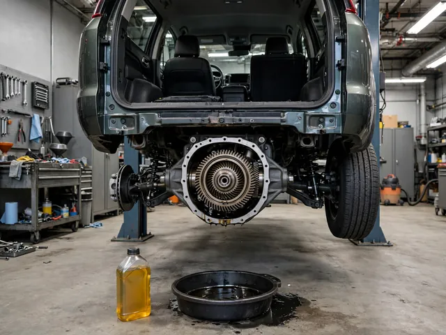 Rear differential with cover removed showing ring gear during a gear oil change in a workshop