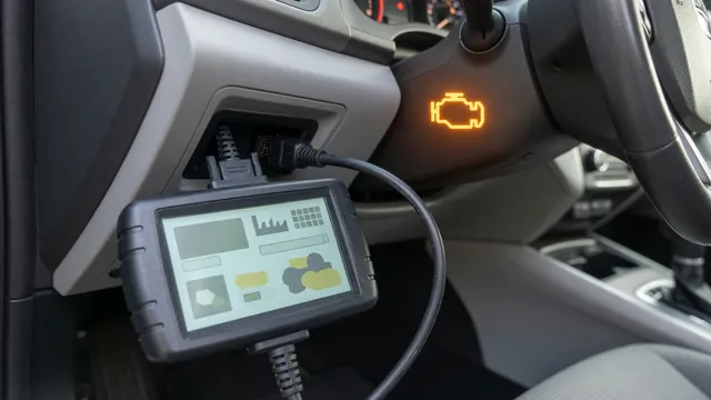 OBD-II scan tool connected under a dashboard while reading a check engine trouble code