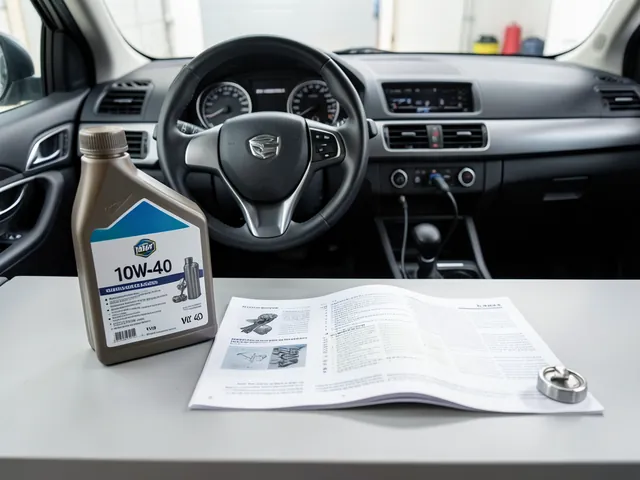 Bottle labeled 10W-40 beside an owner's manual and an engine oil filler cap