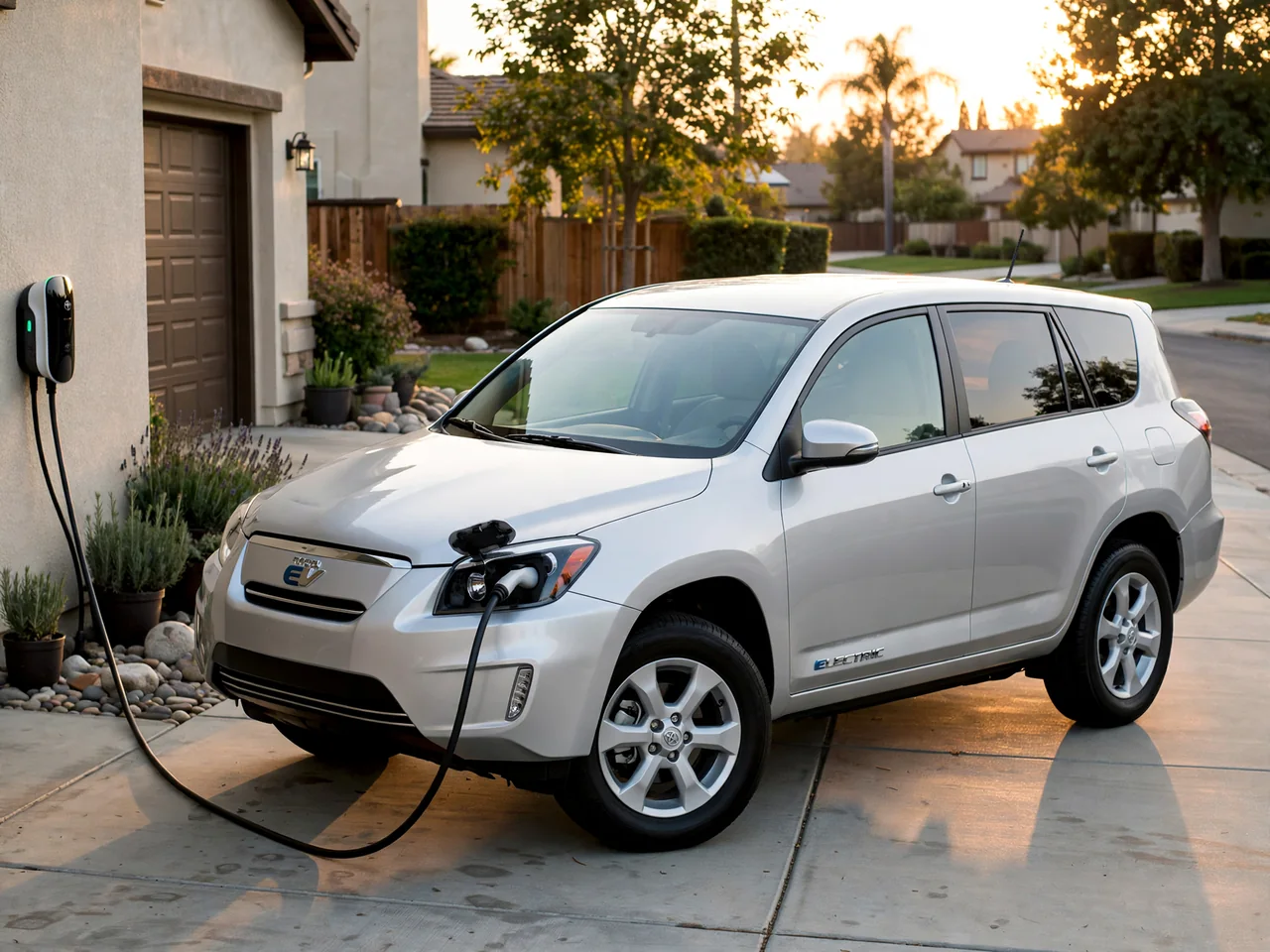 Second-generation Toyota RAV4 EV charging in a home driveway from a wall-mounted Level 2 charger