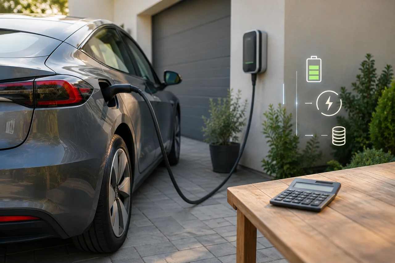 Electric car plugged into a home charger beside a calculator showing charging cost inputs
