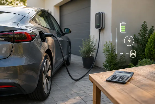 Electric car plugged into a home charger beside a calculator showing charging cost inputs