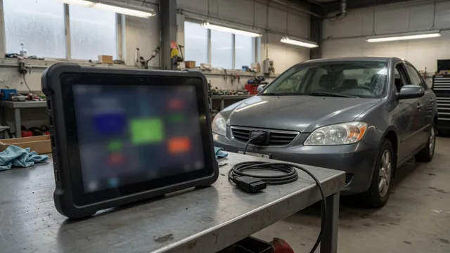 Diagnostic scanner displaying P1135 beside a parked vehicle in an automotive service bay