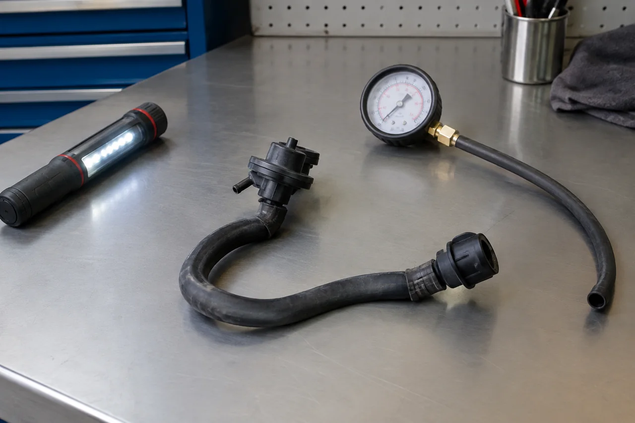 PCV valve and ventilation hose on a clean workbench beside a vacuum gauge and inspection light
