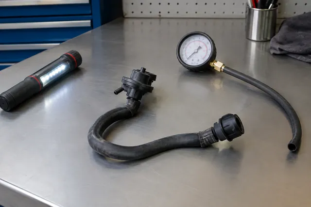 PCV valve and ventilation hose on a clean workbench beside a vacuum gauge and inspection light
