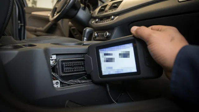 Handheld OBD-II scan tool connected to a car's diagnostic port, reading a trouble code