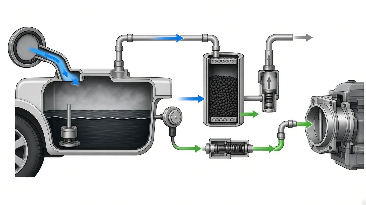 Diagram showing fuel vapor moving from a gas tank through an EVAP charcoal canister to the engine