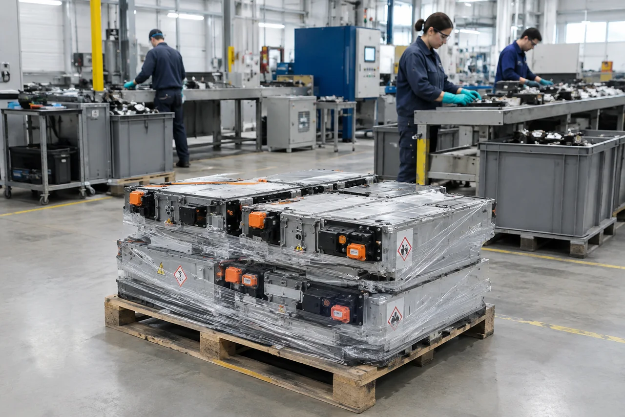 Used hybrid battery modules on a pallet at a recycling facility while technicians in protective gear sort packs