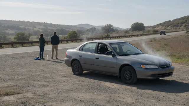 Car stopped in a safe roadside turnout with faint vapor rising from beneath its closed hood