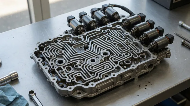 Transmission valve body with electrical solenoids and fluid passages on a clean workbench