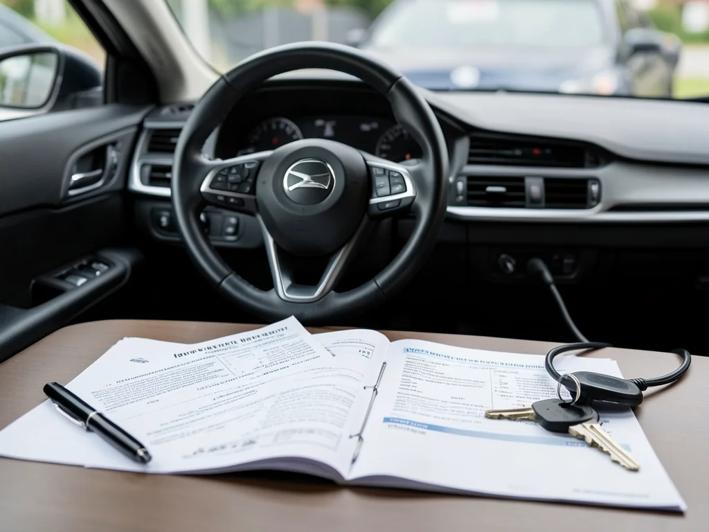 Car service booklet and maintenance invoices beside a car key on a desk
