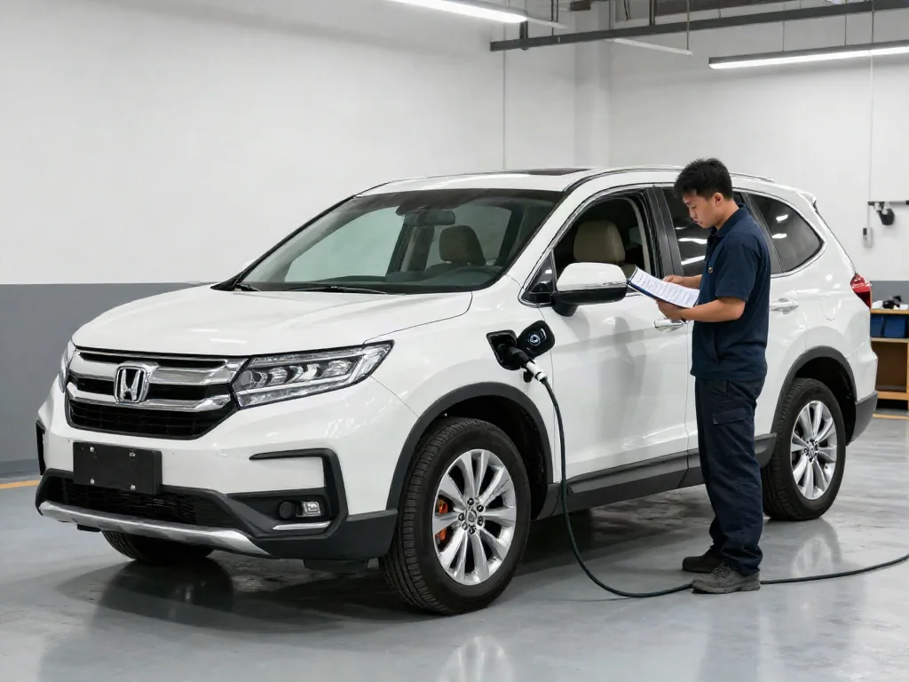 Honda Pilot in a service bay with a technician reviewing maintenance records