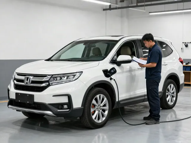 Honda Pilot in a service bay with a technician reviewing maintenance records