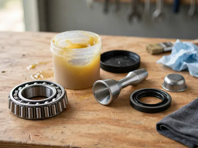 Clean tapered wheel bearing beside bearing grease, a packing tool, a seal, and a dust cap on a workbench