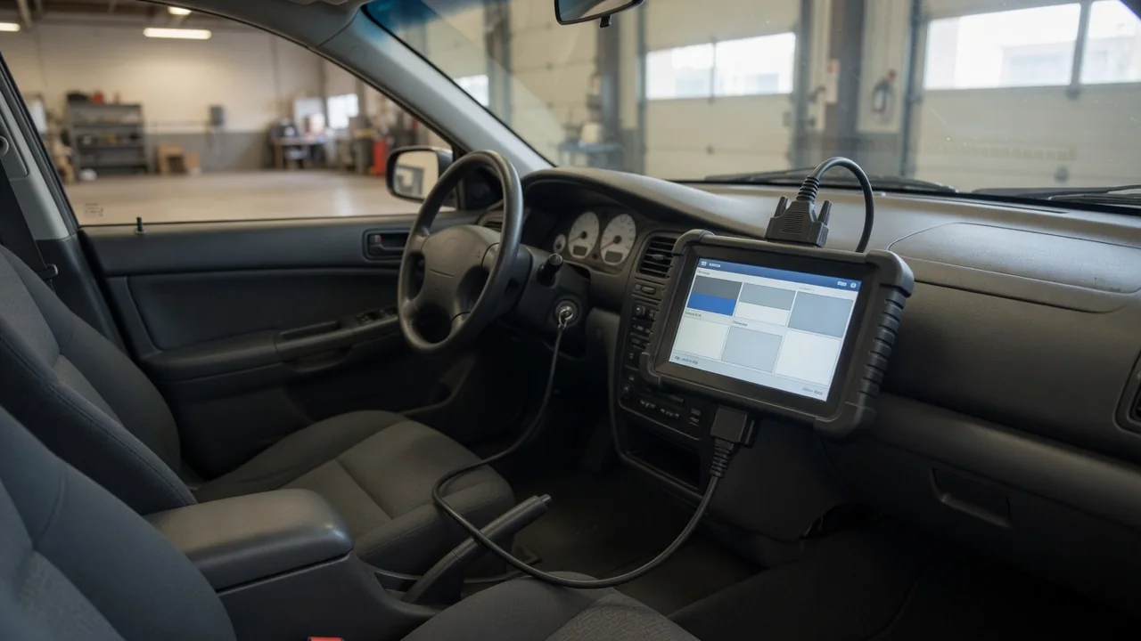 Diagnostic scan tool beside a vehicle dashboard displaying the trouble code P1670