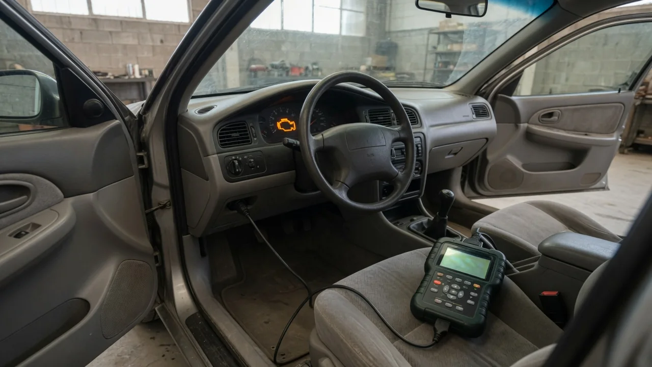 Diagnostic scanner beside a vehicle dashboard displaying an illuminated check engine light
