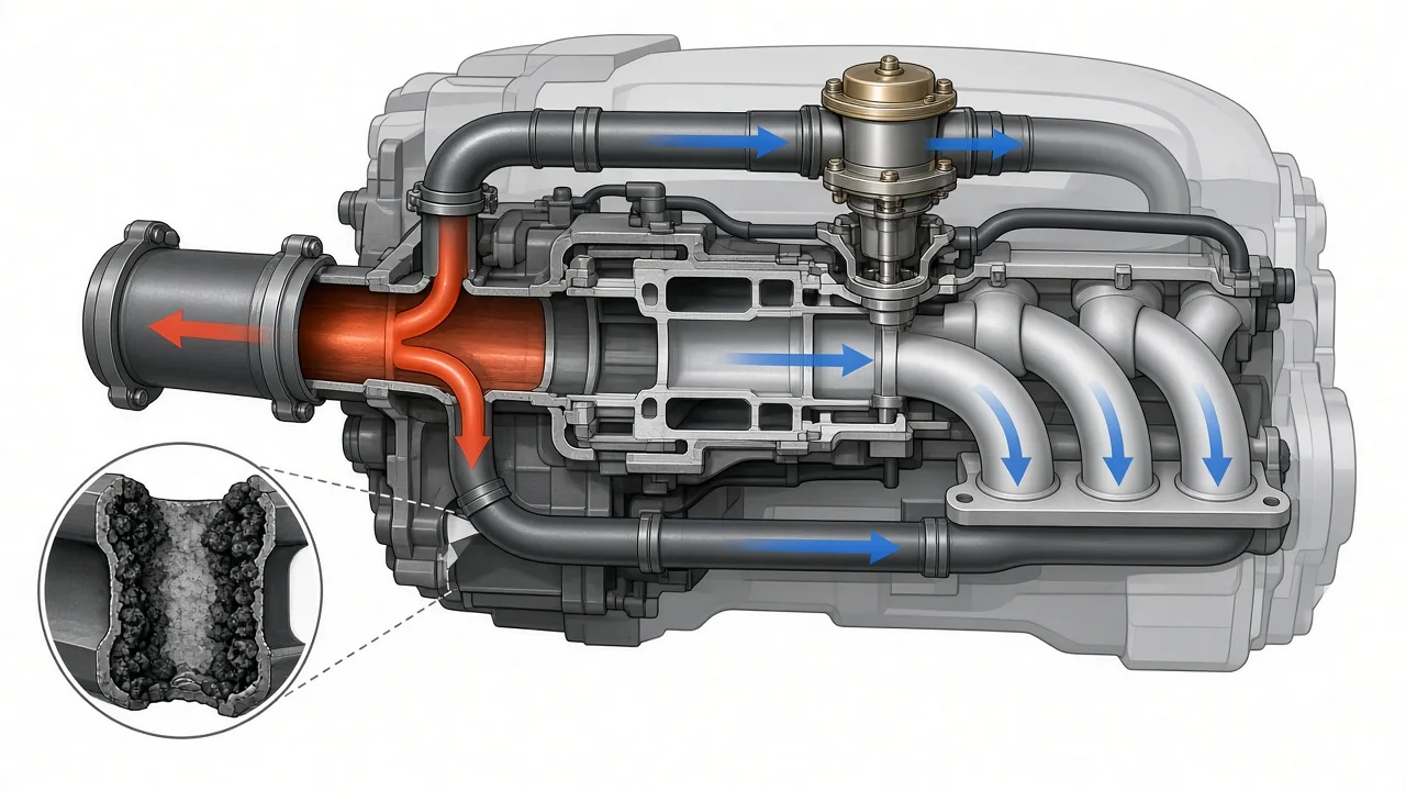 Illustration of a diesel EGR valve and the exhaust recirculation path into the intake