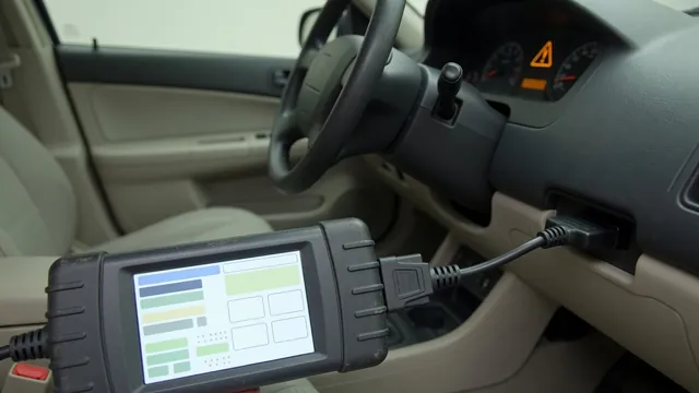 A diagnostic scan tool plugged into a car's OBD-II port, reading body trouble codes while a dashboard warning light is on