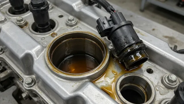 Ignition coil beside a spark plug well with oil visible around the coil boot