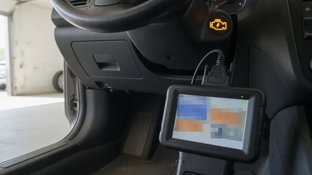 OBD-II scan tool connected under a car dashboard with the check engine light on, reading a stored trouble code