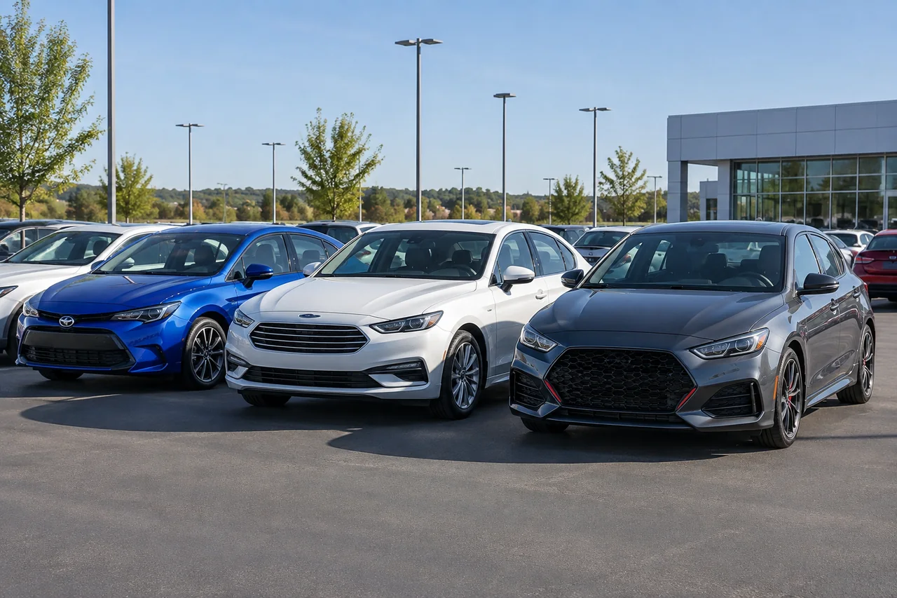 Modern sedans and hatchbacks parked in a dealership lot, viewed from the front quarter
