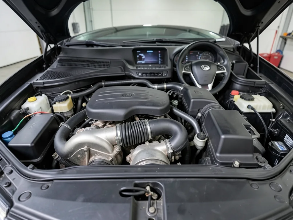 Serpentine belt routed around the automatic tensioner pulley, idler pulley and accessory pulleys in a car engine bay