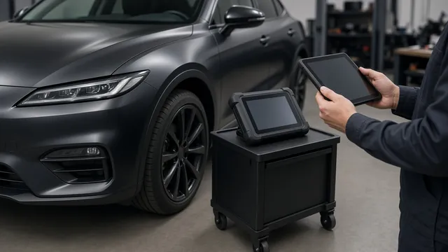 Diagnostic scan tool beside a vehicle with chassis fault codes awaiting vehicle-specific verification