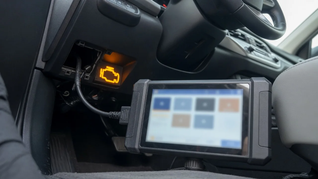 OBD-II scan tool plugged into a car's diagnostic port, reading a trouble code, with the check engine light on