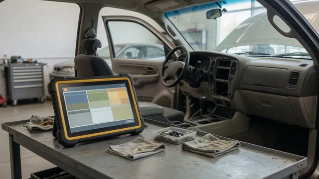 Diagnostic scan tool beside a vehicle dashboard during an electronic communication fault assessment