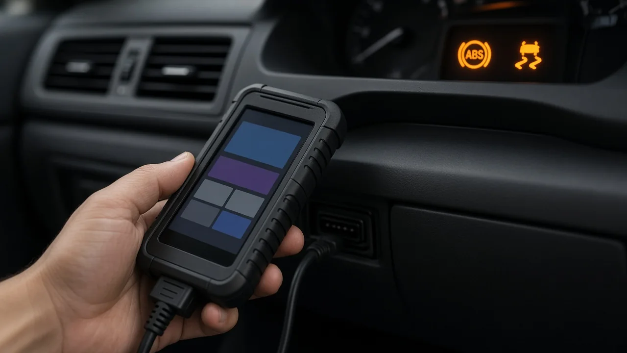 Scan tool plugged into a car's OBD-II port, with ABS and traction control warning lights on in the dashboard