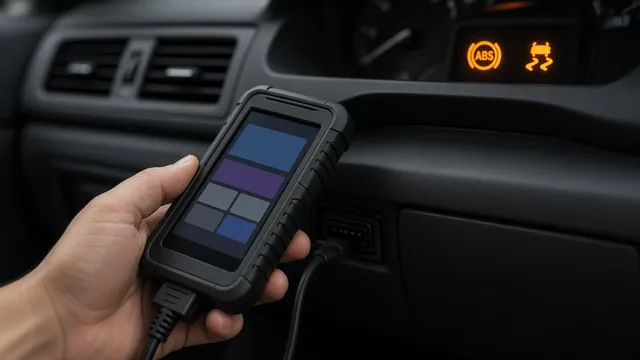 Scan tool plugged into a car's OBD-II port, with ABS and traction control warning lights on in the dashboard