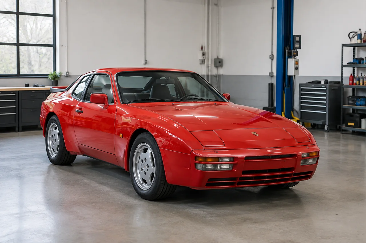 Porsche 944 parked in a clean automotive workshop for timing belt service