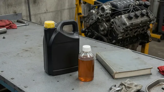 Engine oil container and a small unbranded additive bottle on a clean automotive workbench