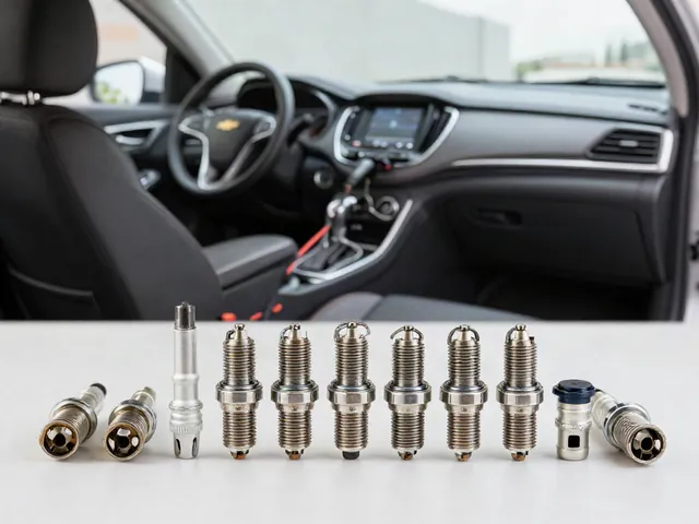 Replacement spark plugs and a socket arranged on a clean workbench beside a Chevy Equinox