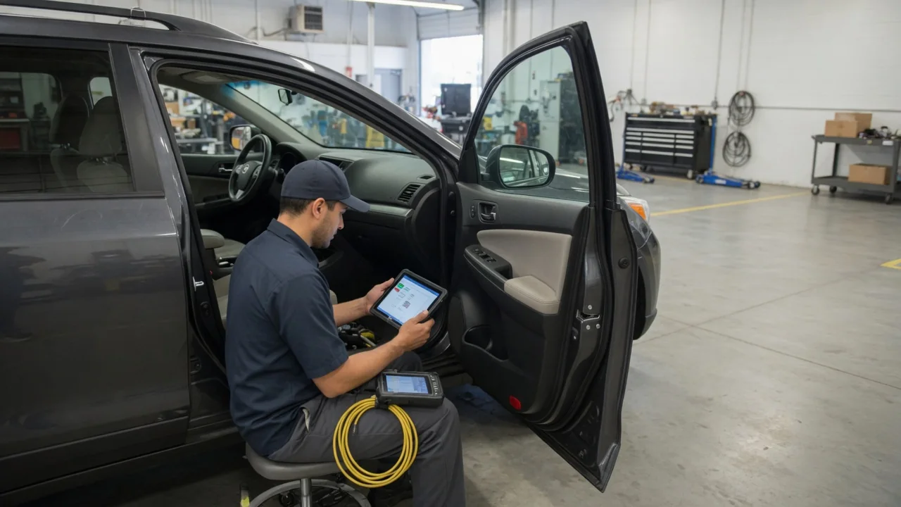 Diagnostic scanner beside a vehicle dashboard with a technician reviewing service information