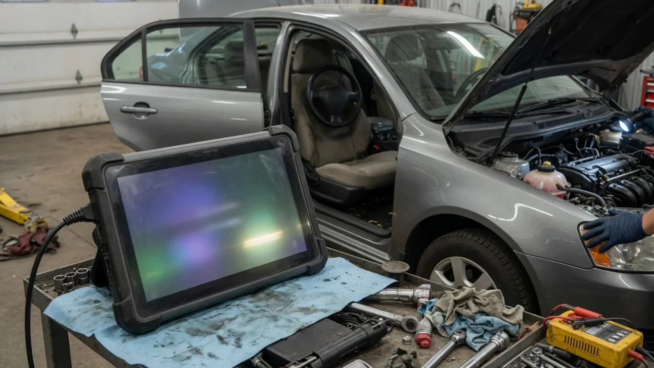 Diagnostic scanner displaying P1153 beside a parked vehicle with its hood open