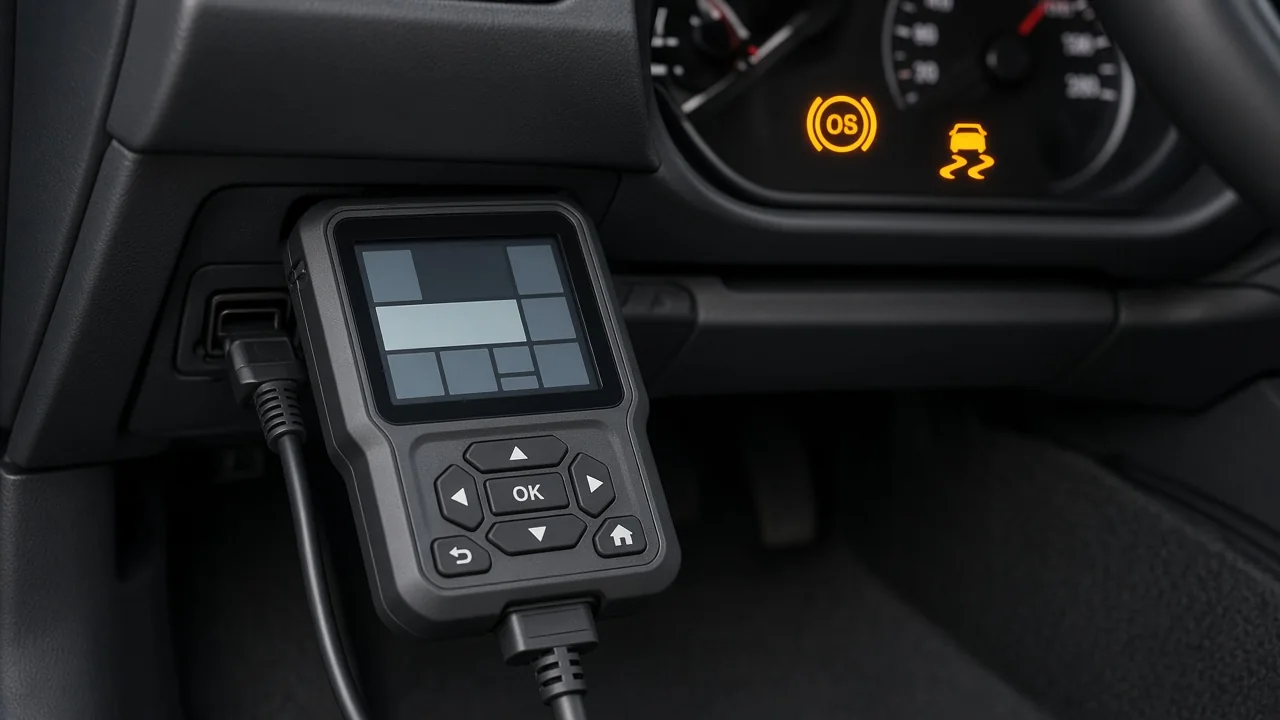 Scan tool connected to a car's diagnostic port showing chassis trouble codes, with ABS and stability warning lights on the dash
