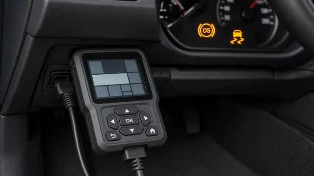 Scan tool connected to a car's diagnostic port showing chassis trouble codes, with ABS and stability warning lights on the dash