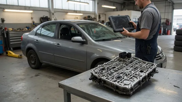 Technician reviewing transmission fault codes on a scan tool beside a parked vehicle