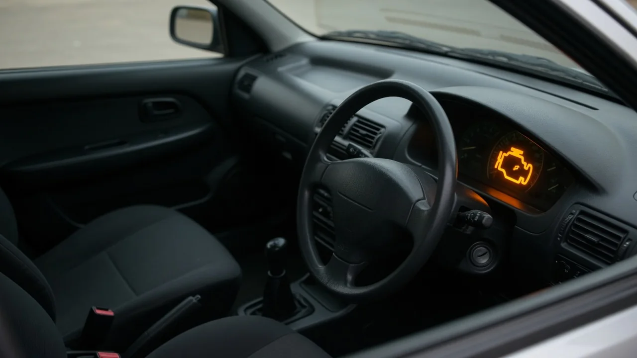Illustration of an amber engine warning symbol beside a Mini Cooper dashboard